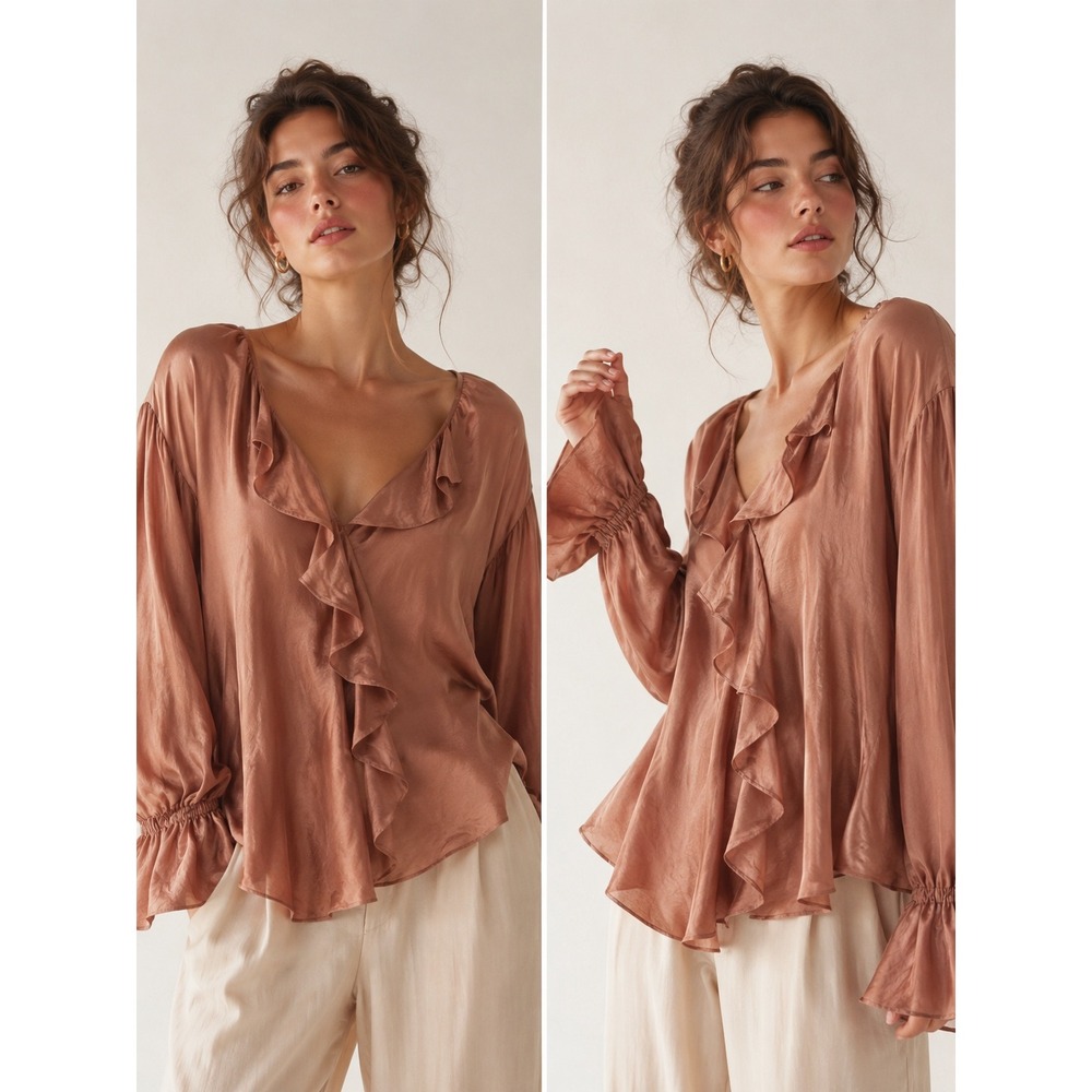 Topshop Satin Blouse Womens 2 Pink Excellent Ruffle V-Neck Romantic Coquette